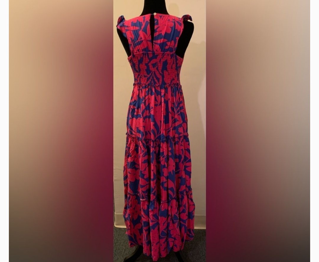 Anthro Abel The Label Floral Smocked Tiered Maxi Dress Women’s M Blue Fuchsia