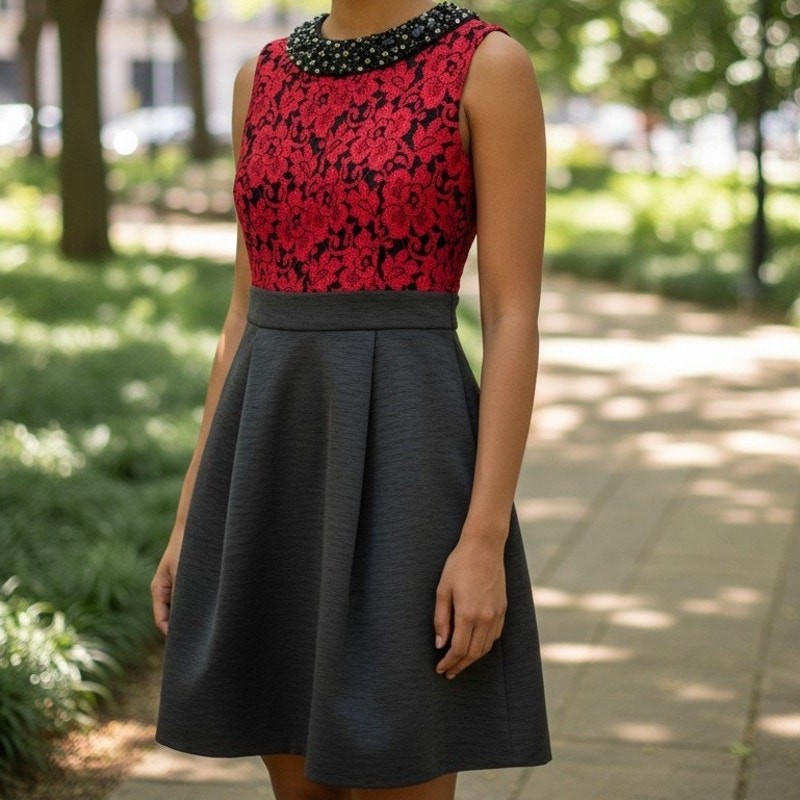 Eliza J Sz 4P Red/Blk Floral Dress Beaded Collar Lace Fit and Flare