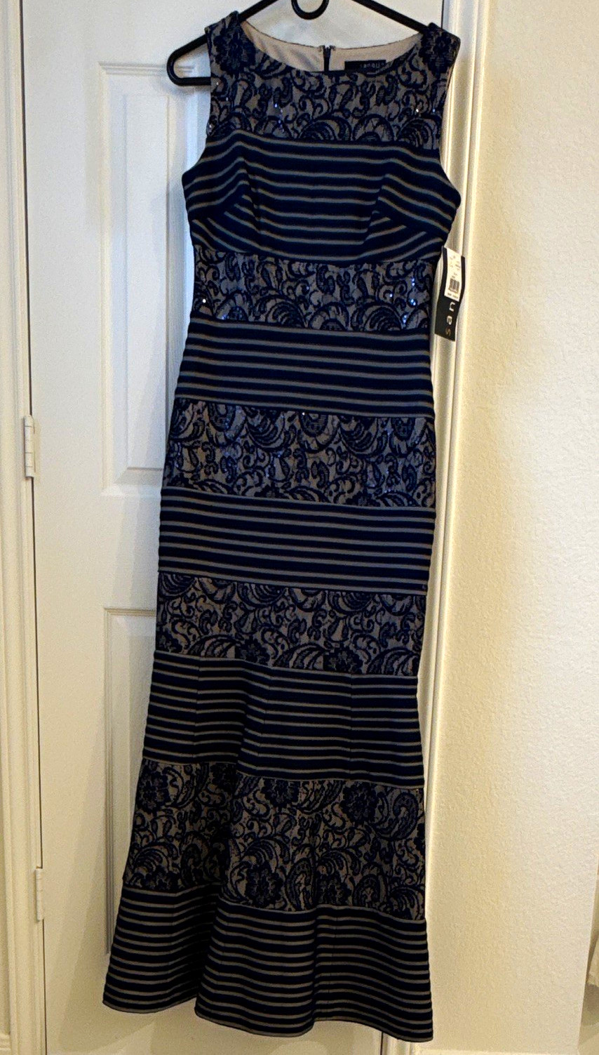 Sangria Navy Lace Sequin Striped Maxi Dress Sleeveless Long Zip Size 8