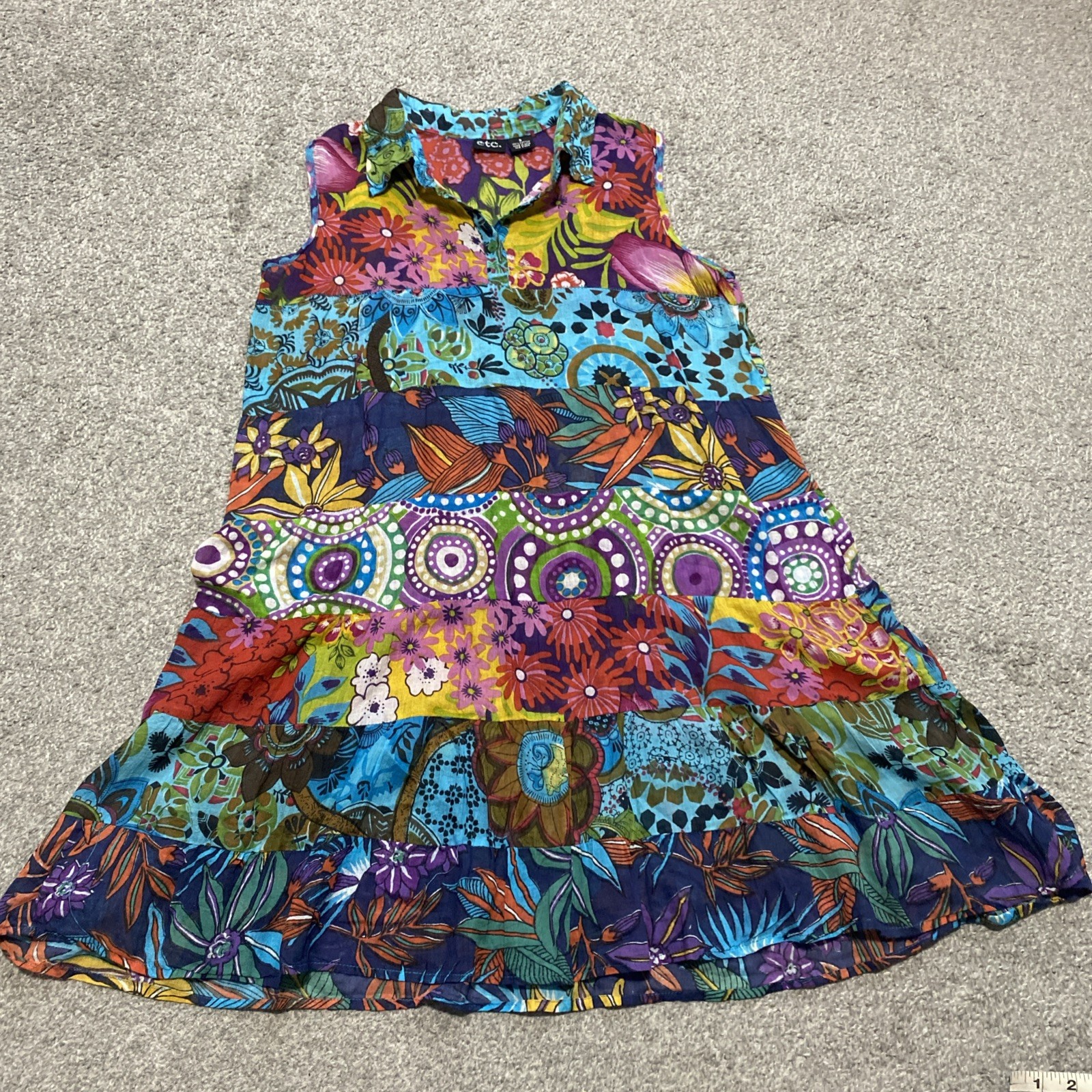 ETC VTG Multi-Color Patchwork Floral Dress S Lightweight Cotton Artsy Vacation