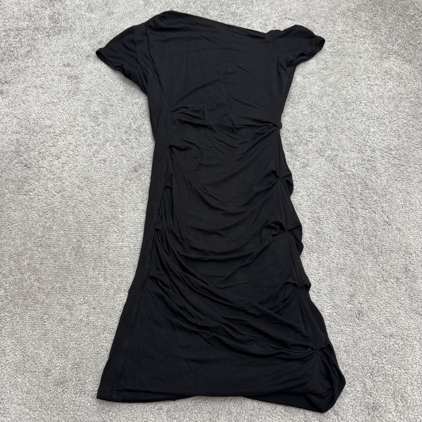 Bebe Bodycon Mini Dress Women Small Black Asymmetric Ruched Off‑Shoulder Stretch