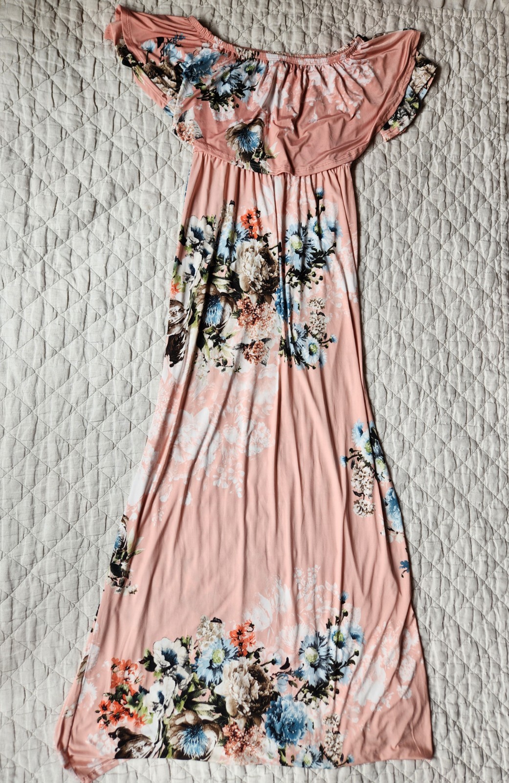 Jardin by Macris Off Shoulder Pink Floral Ruffle Stretch Maxi Dress Women’s S
