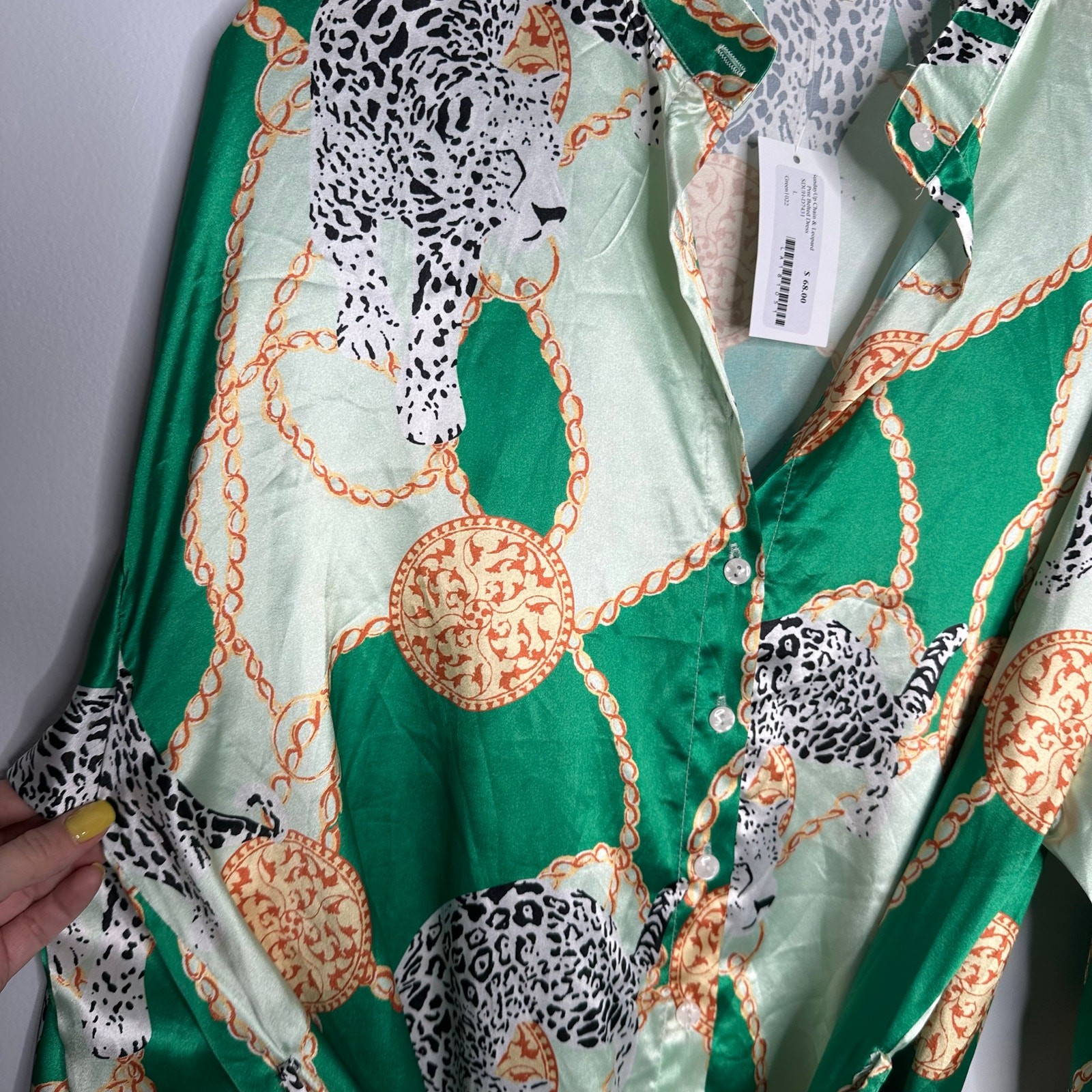 SundayUp Chain & Leopard Dress Womens L Green NWT Satin Belted Shirt Dress Bold