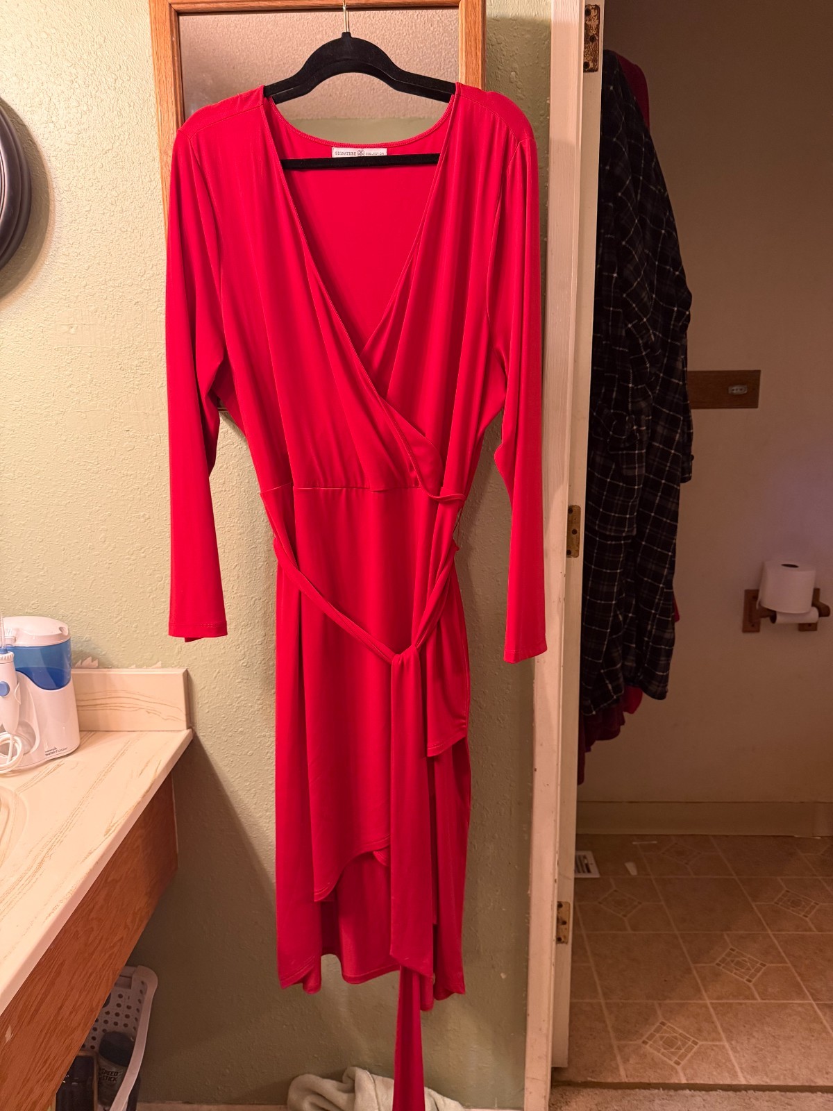Faux Wrap Midi Dress Red Long Sleeve Tie Waist 2X