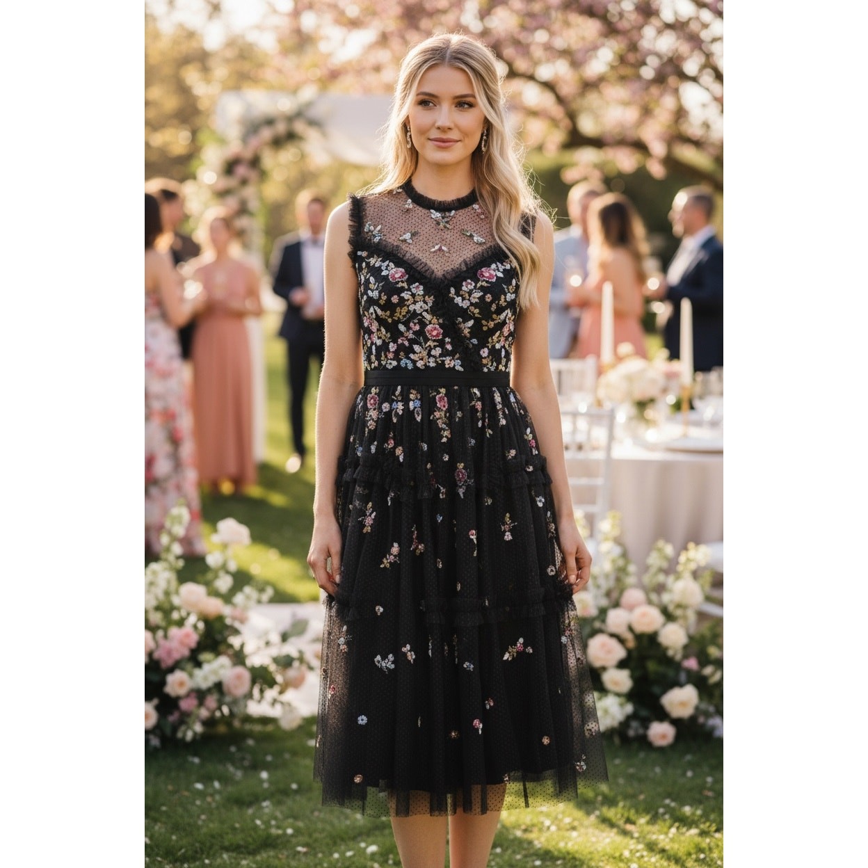 NEEDLE & THREAD DRESS 2 WEDDING GUEST MIDI SEQUIN FLORAL RUFFLE FORMAL BALLERINA