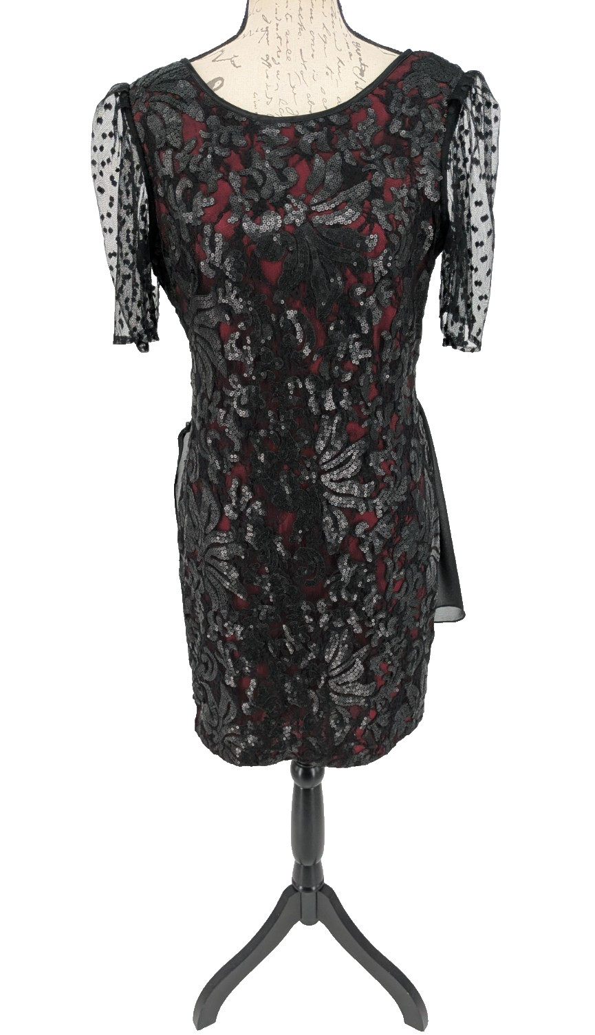CACH’E Formal Dress Size 12 Black Sequins over Red Lining NWT