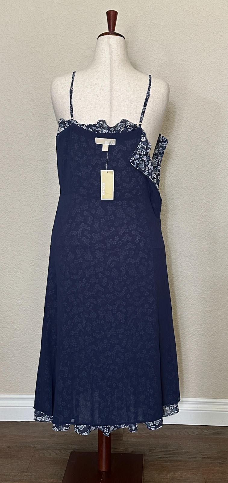 Michael Kors Floral Tiered Midi Dress Size L NWT Navy Blue Ruffle Chiffon Lined