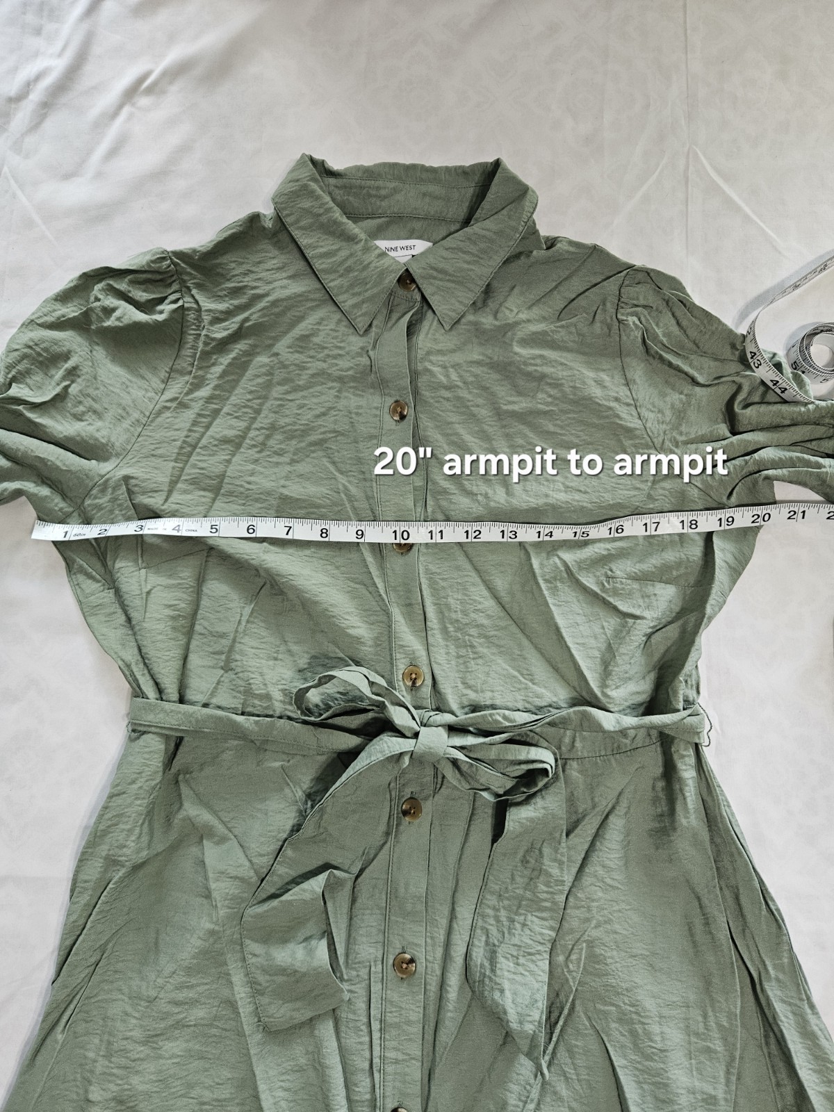 Nine West Womens M Sage Green Button Down Shirt Dress Midi Tie Waist Long Sleeve