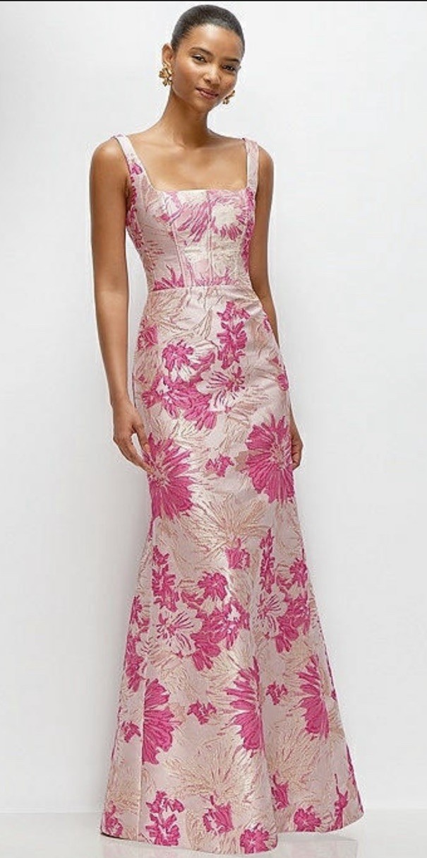 New Dessy Collection Hibiscus Pink FLORAL JACQUARD SQUARE NECK MAXI DRESS Sz 4