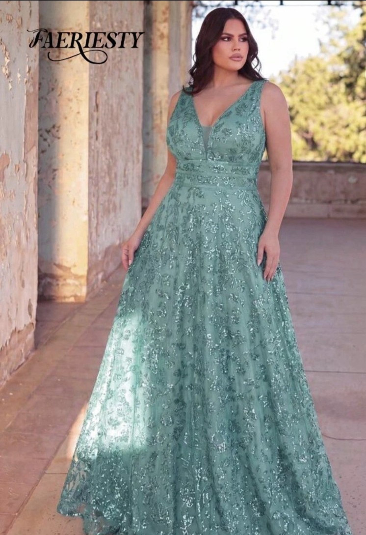 Faeriesty Sea Foam Green Sequin Floral Lace V-Neck Sleeveless Long formal Med