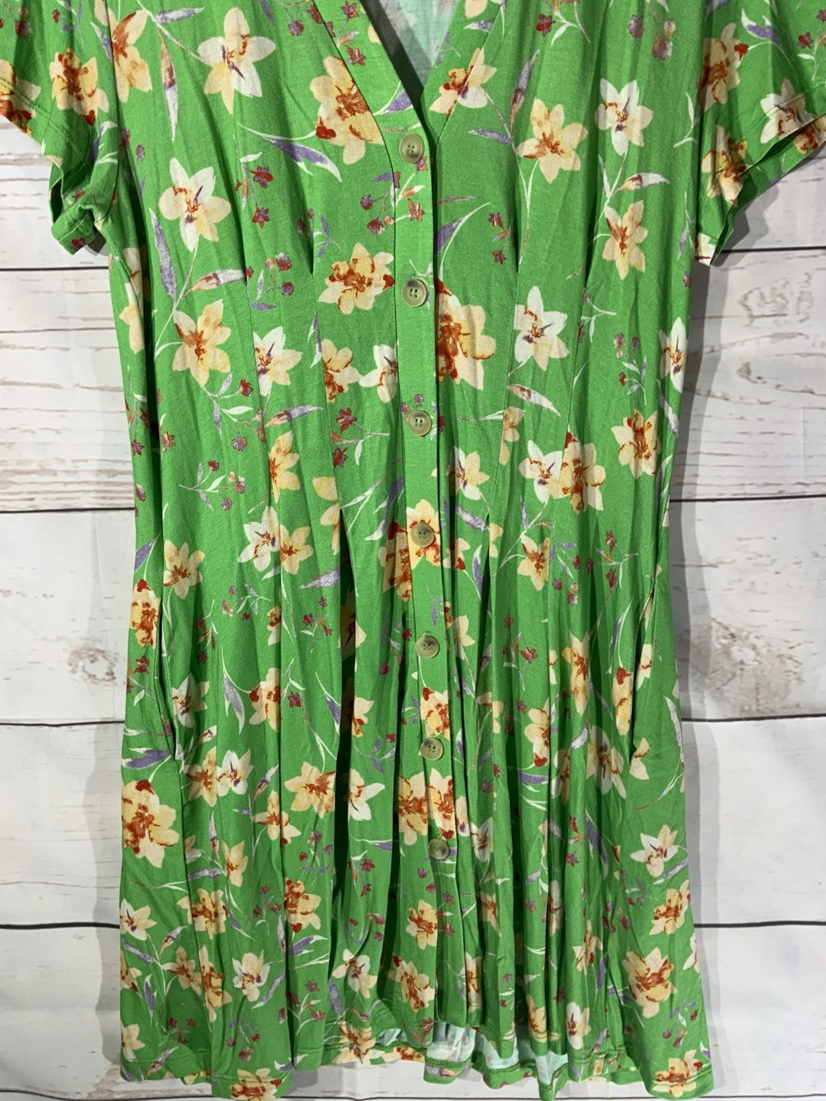 French Connection Women’s Short Sleeve Button Up Dress M Green Floral (A33)