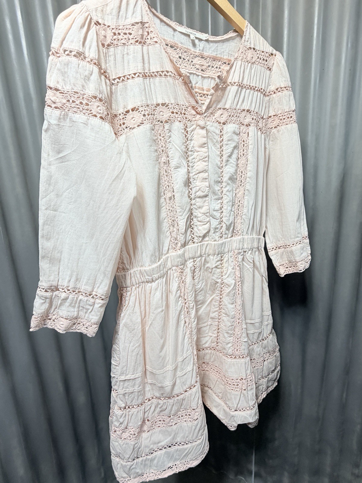 Tularosa Blush Pink Cotton Crochet Lace Inset Long Sleeve Mini Dress Size M