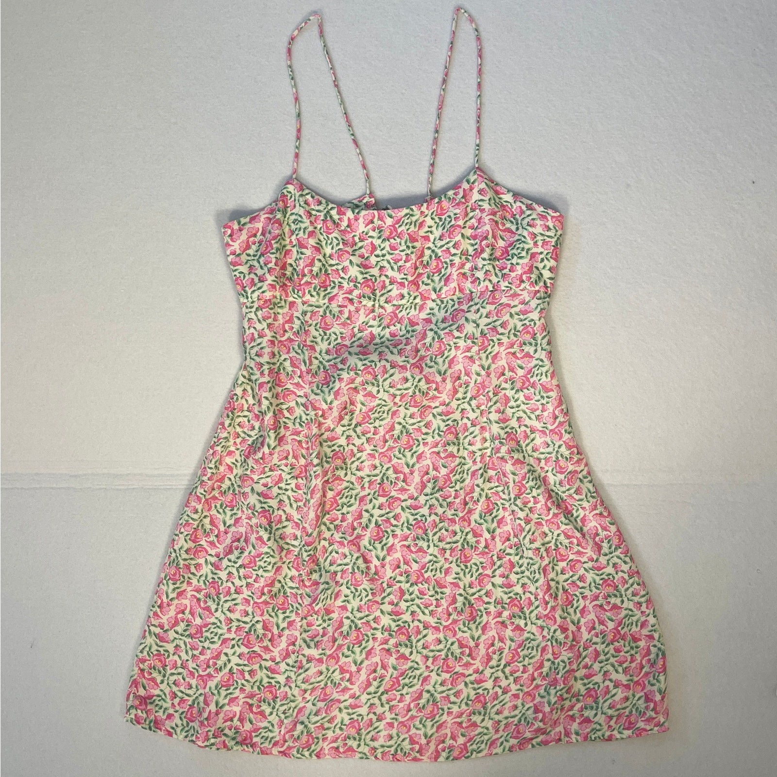 Zara Floral Open Back Mini Dress Pink Green 100% Viscose Tie Back Size XL