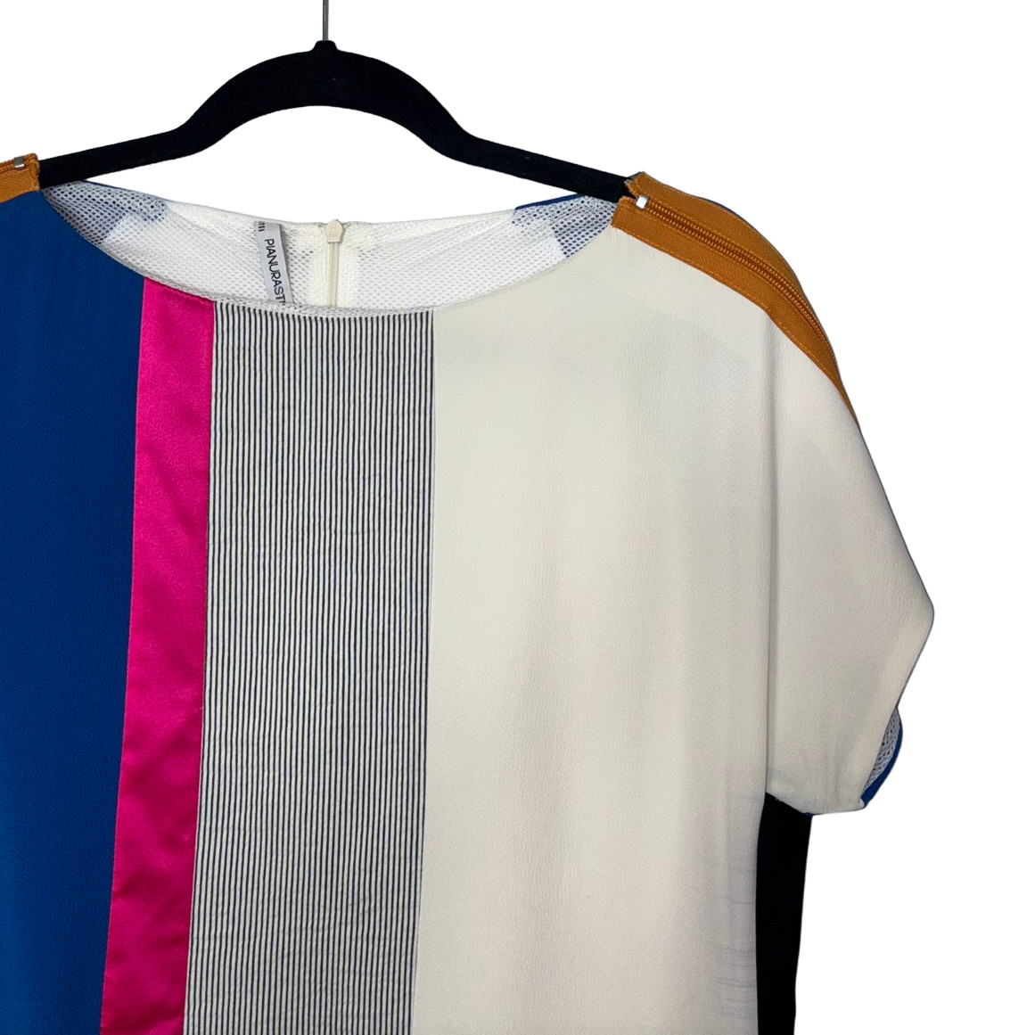 Pianurastudio Pink, Blue & Ivory Color Block Cap Sleeve Dress – Size 12 (Est.)
