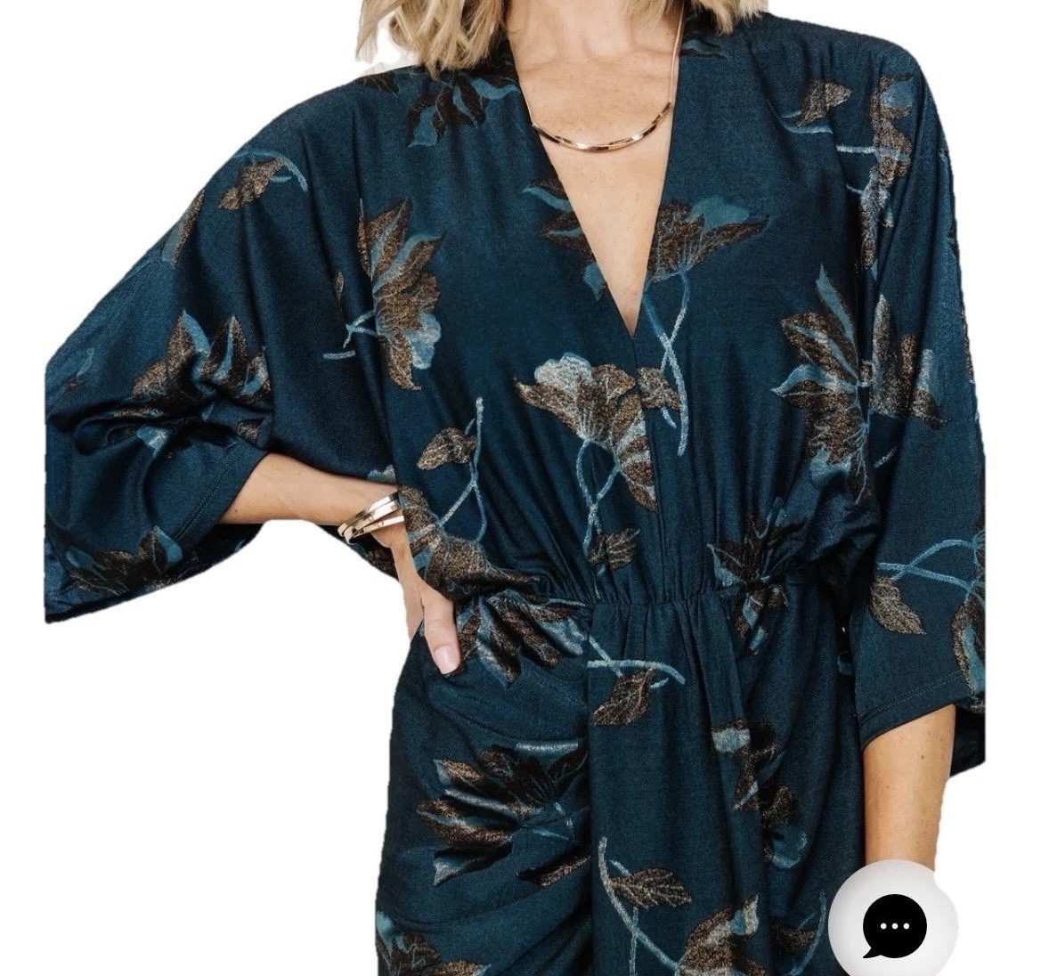 NWT Baltic Børn Shaneen Ruched Jade Midi Dress Size M Teal Gold V Neck Dolman