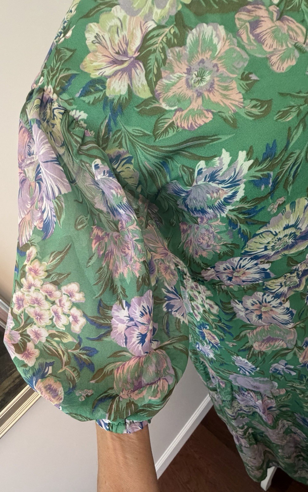 Olivaceous Green Floral Open Back Midi Dress Sz L Puff Sleeve Boho Wedding Guest