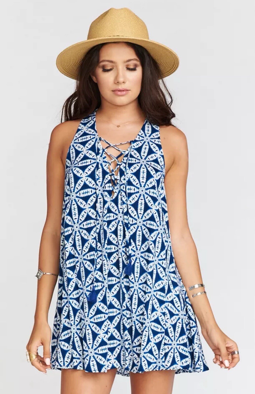 Show Me Your Mumu Rancho Mirage Lace Up Dress Blue White Mini Beach Dress Size M