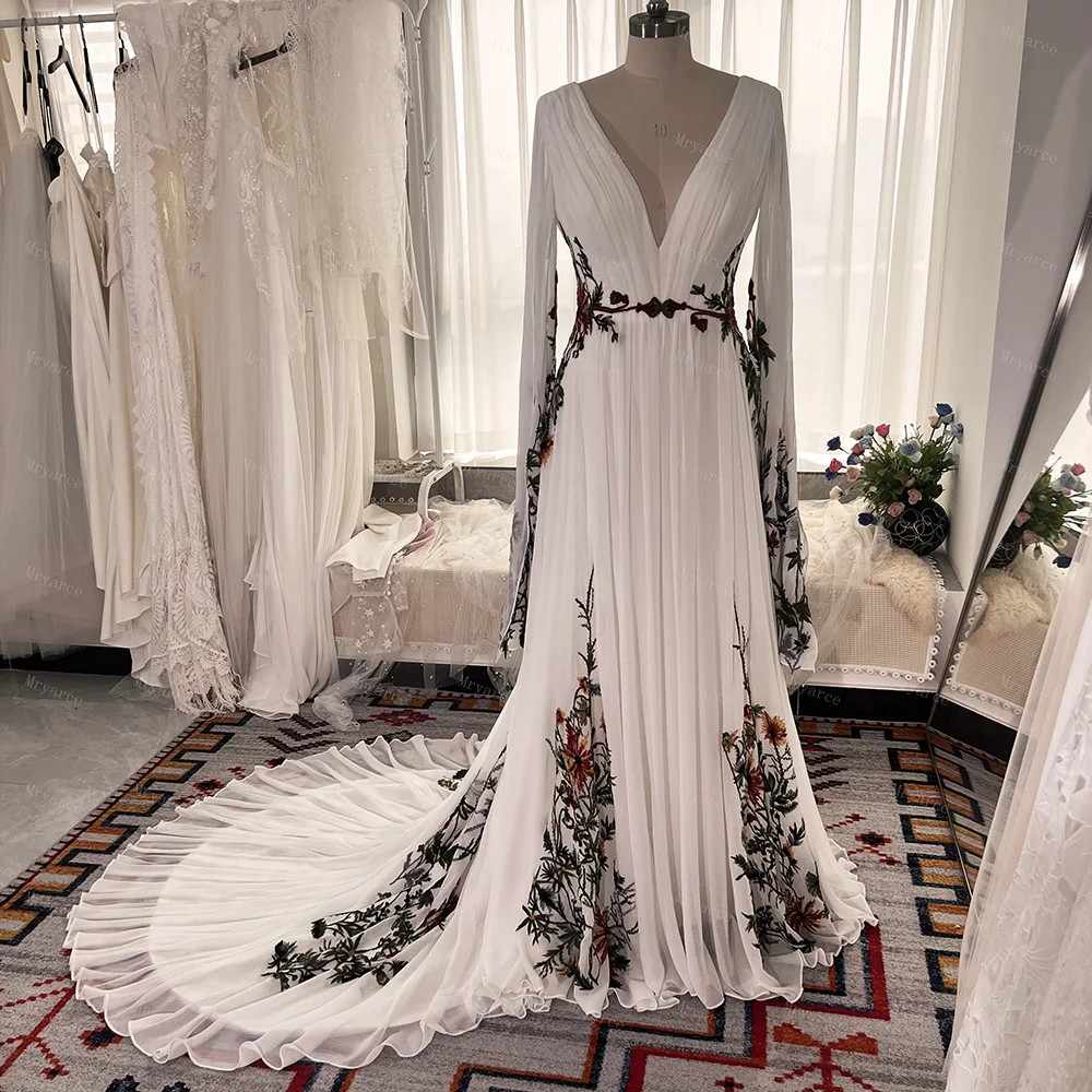 Black Wedding Dresses Long Sleeves A Line Colored Floral Embroidered Bridal Gown