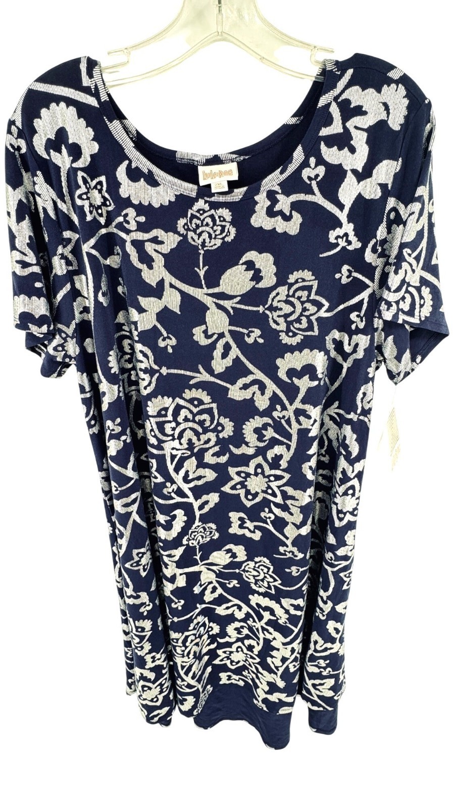 Lularoe Carly Dress Swing Stretch Hi-Lo Blue Silver Floral 2XL NWT Metallic