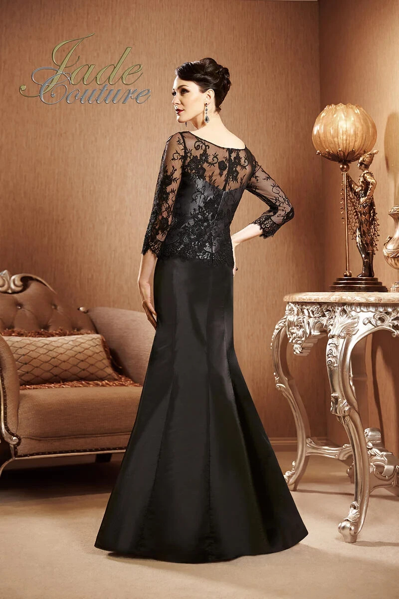 Jade Couture by Jasmine Black Lace Long Sleeve Satin Crepe Gown Size 14 $469