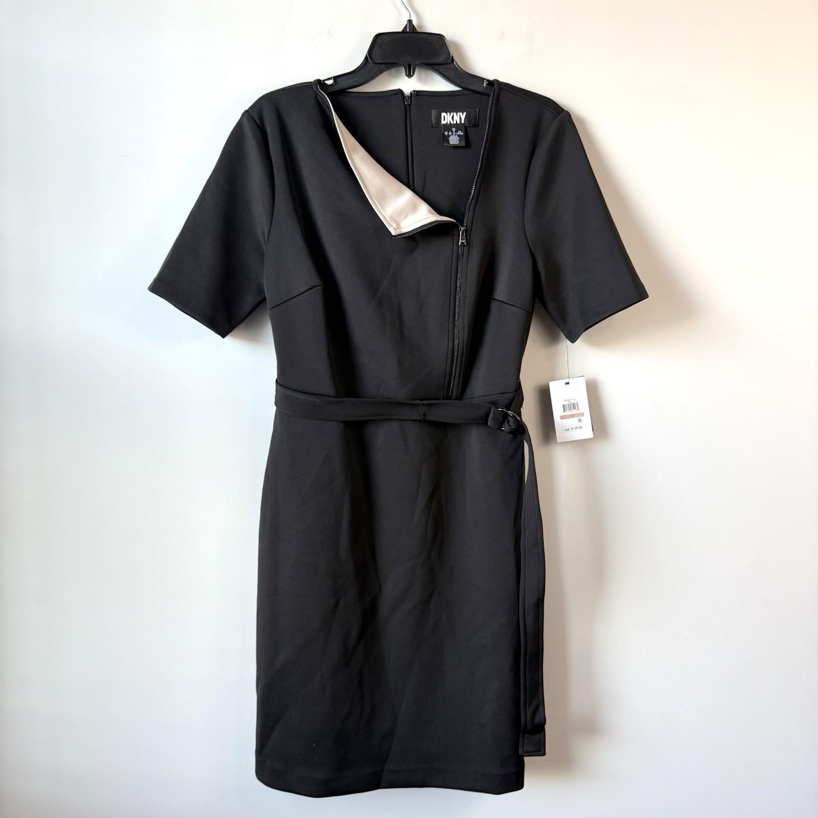 DKNY Asymmetrical Zip Detail Scuba Belted Sheath Dress Black 12