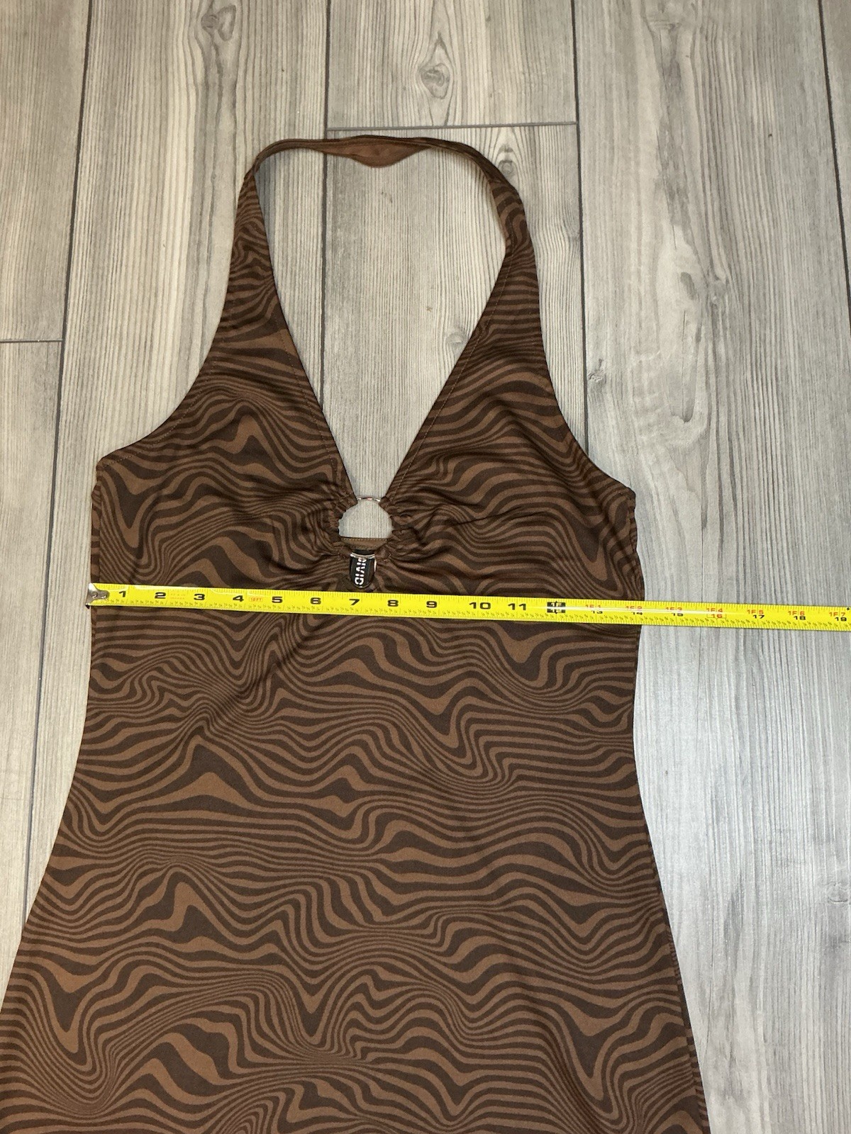 Y2K Brown Swirl Print Halter Mini Dress O-Ring Keyhole Bodycon Backless Club