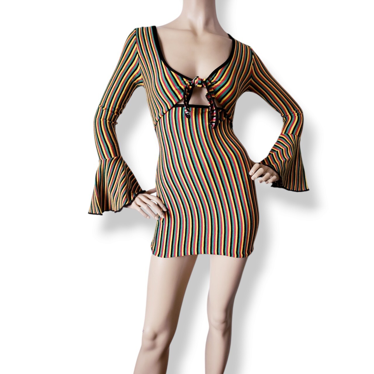 Rasta-Jamaican Colors Size Small Tie Front Bodycon Dress with Bell Sleeves