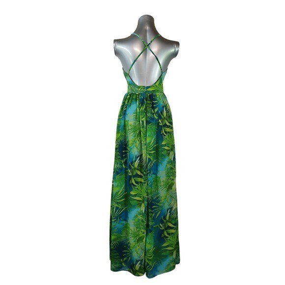 Akira Tropical Palm Leaf Deep V-Neck Maxi Dress Strappy Resortwear Garden Party