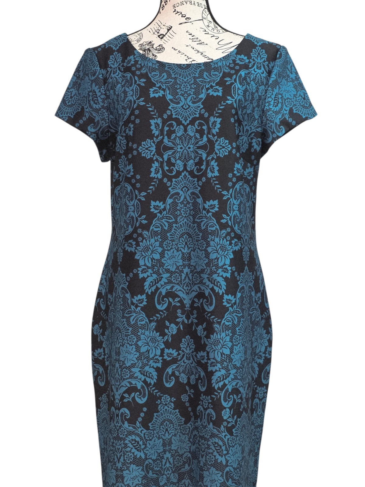 Studio One NY Ornate Teal Scroll Print Dress 14 Dark Academia Victorian Sheath