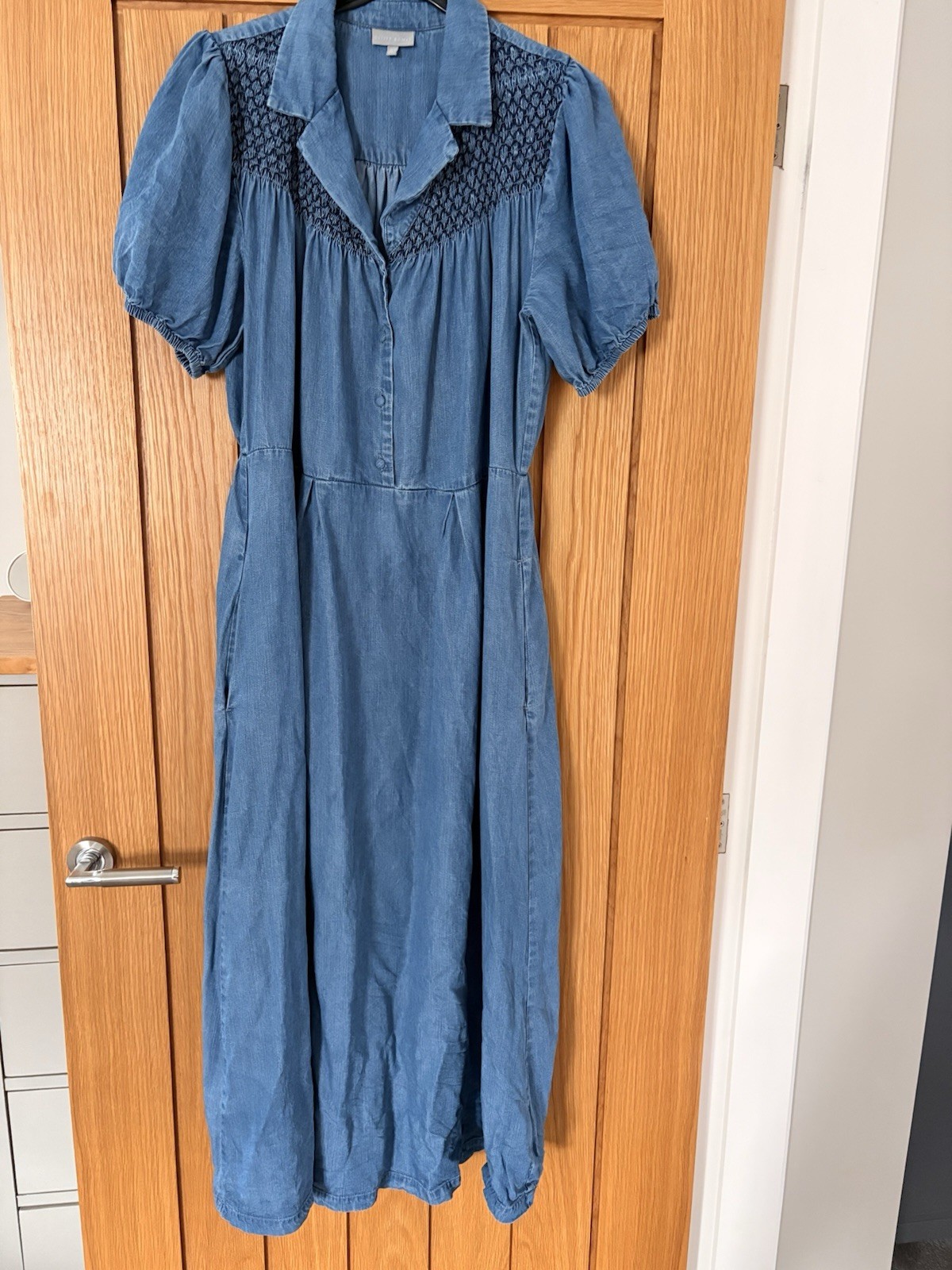 Oliver Bonas Shirt Midi Dress UK12 Light Blue Chambray Embroidered