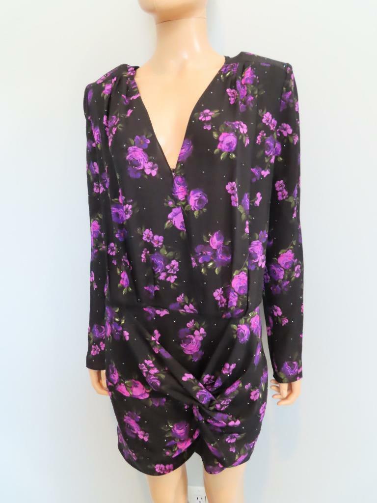 Magda Butrym Black/Purple Floral Print Crystal Detail V-Neck Dress F 38/US 6