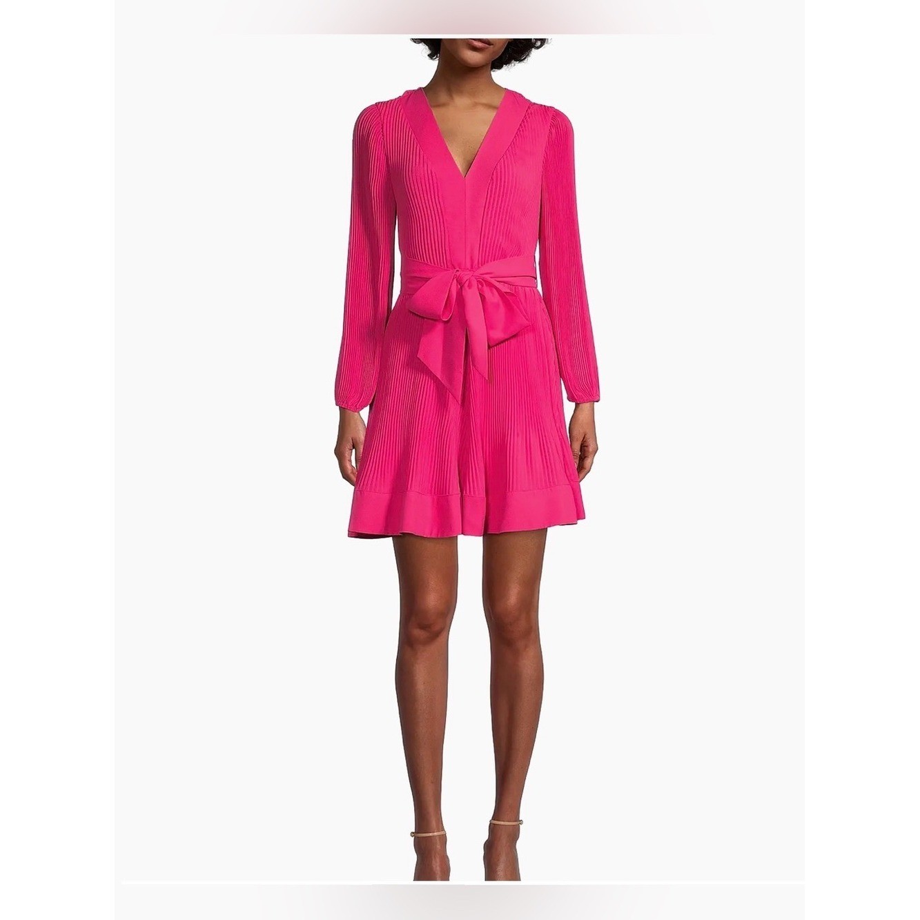 Milly liv pleated belted Long Sleeve Tie-Waist Dress Pink 6