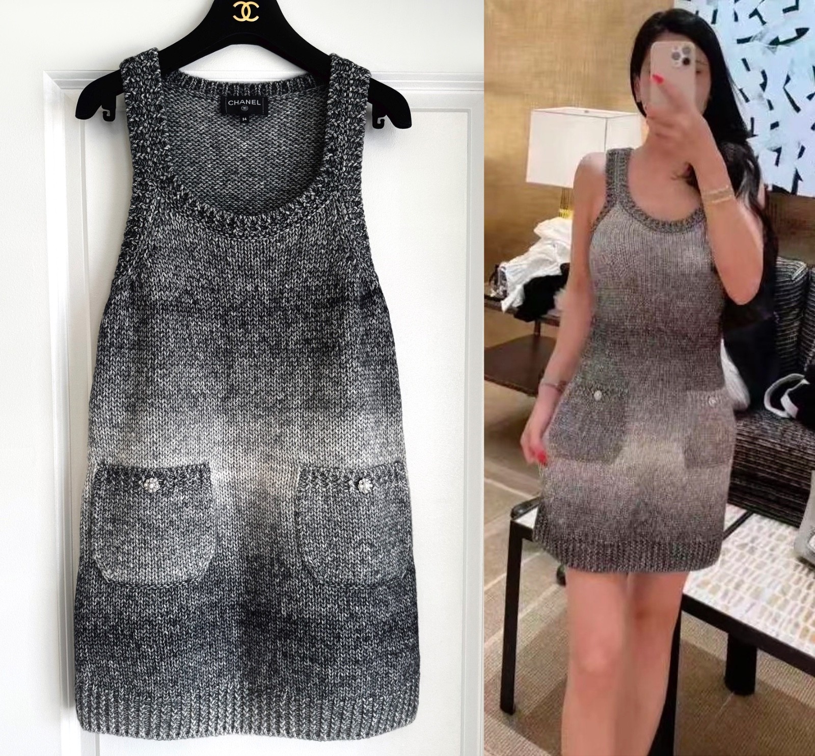CHANEL 25K GREY GRADIENT KNIT SLEEVELESS MINI DRESS PEARL BUTTONS 34