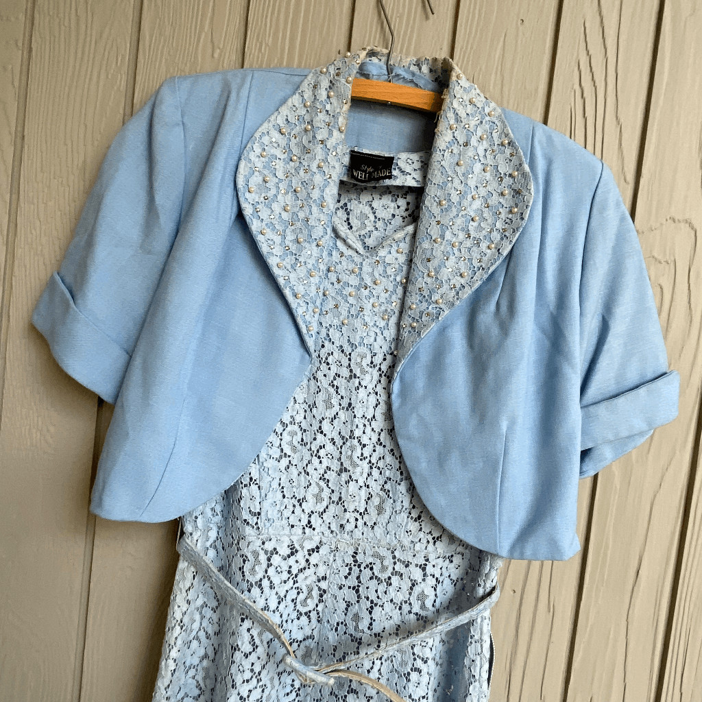 Authentic 1940s/1950s 4-piece Dusty Blue Lace Dress Set Bolero Jacket – SZ M