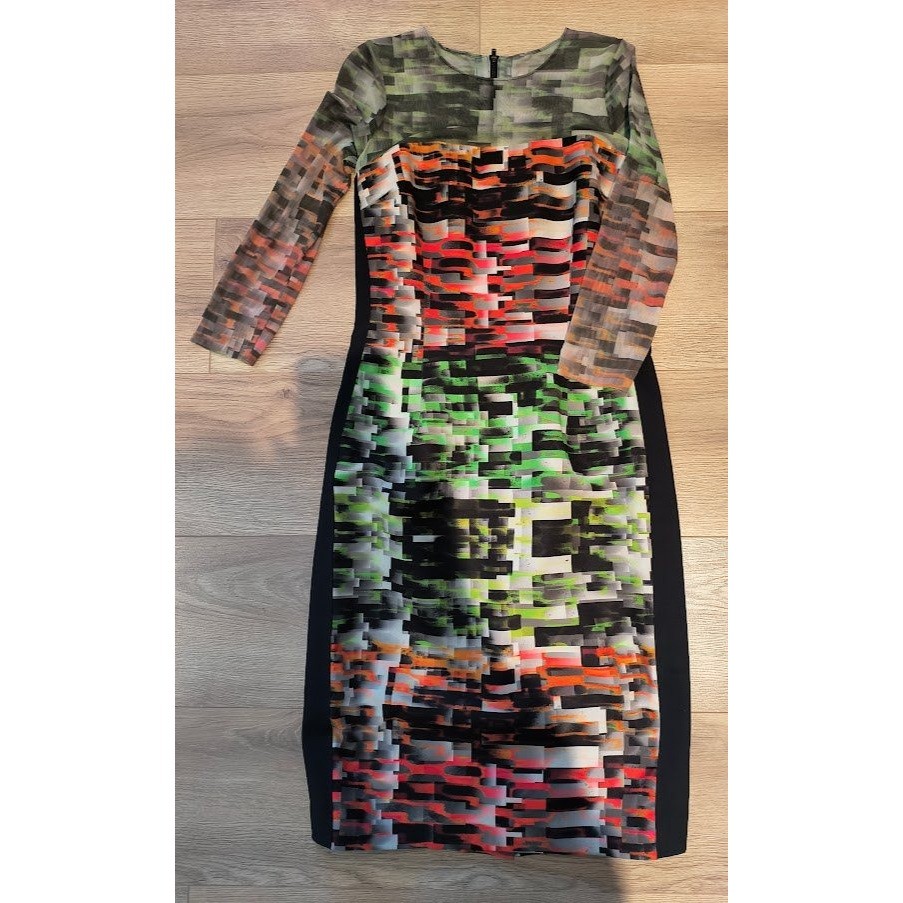 Rickie Freeman Teri Jon Multi Color Digital Glitch Print Mesh Sleeve Dress 6
