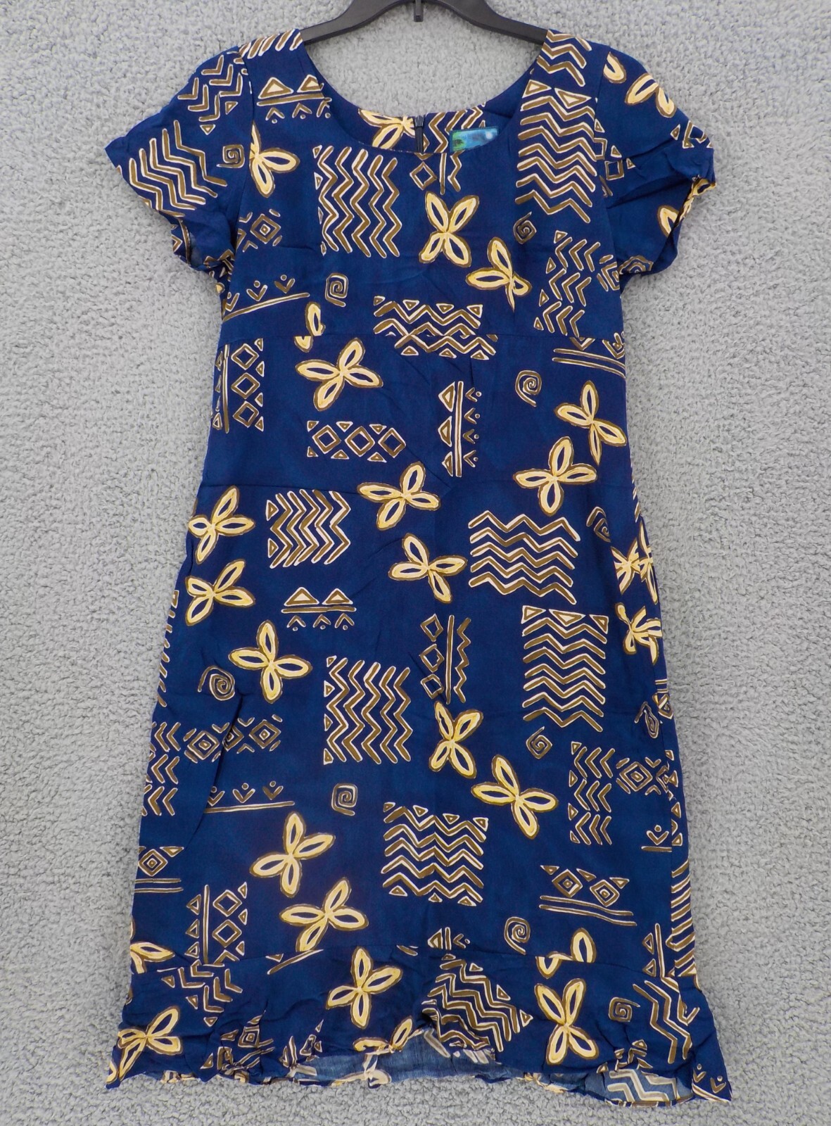 HAWAIIAN MOON DRESS WOMENS SZ L NAVY BLUE SHADES HIEROGLYPHS BOTTOM FLOUNCE NWMD