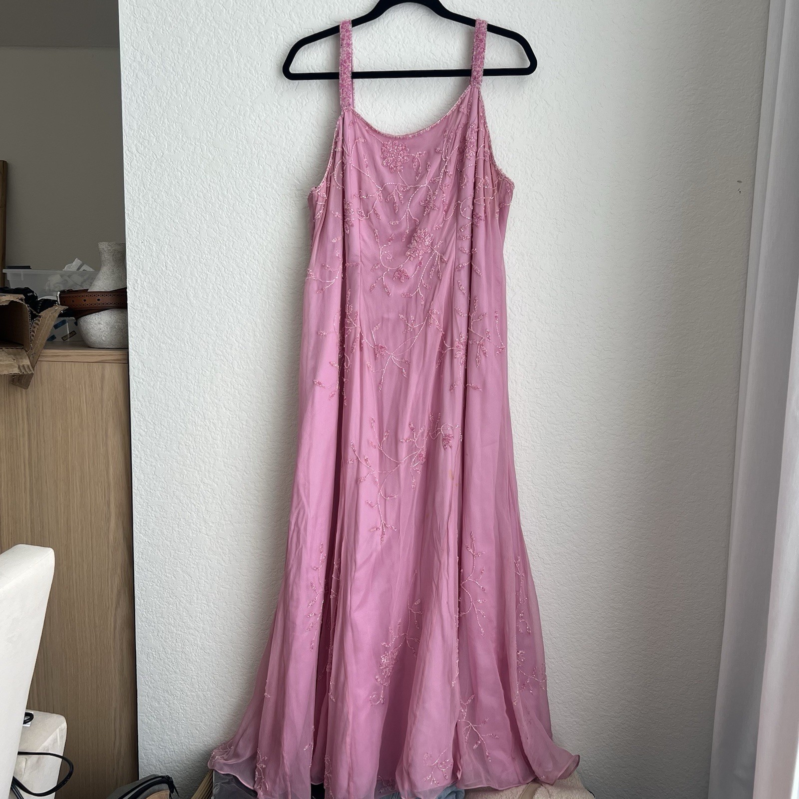 Scala bubblegum Pink Beaded Embroidered Chiffon Floral Long Gown Dress Womens 3X