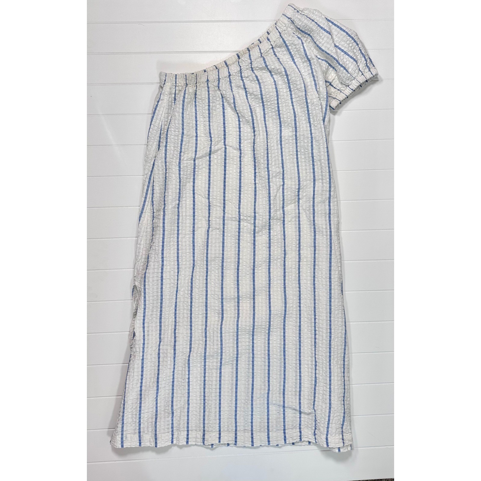 Madewell One Shoulder Seersucker Midi Dress Blue White Striped Pockets NM263