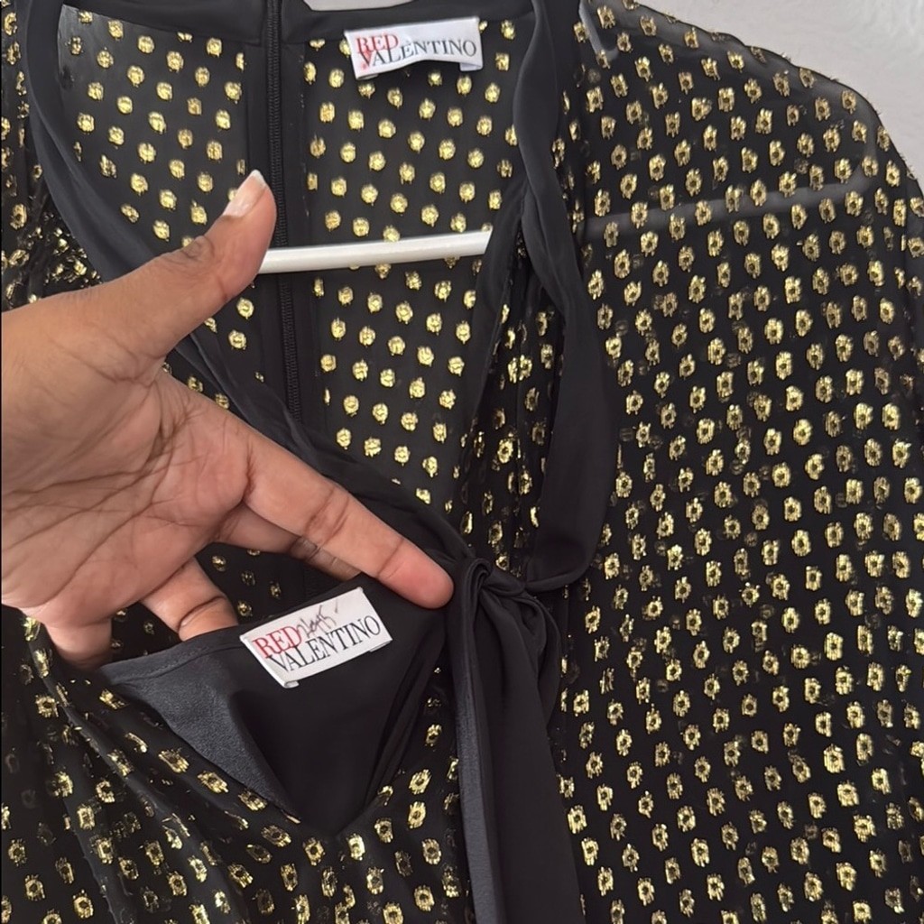 RED Valentino Black and Gold Bishop Sleeve cocktail dress pussybow