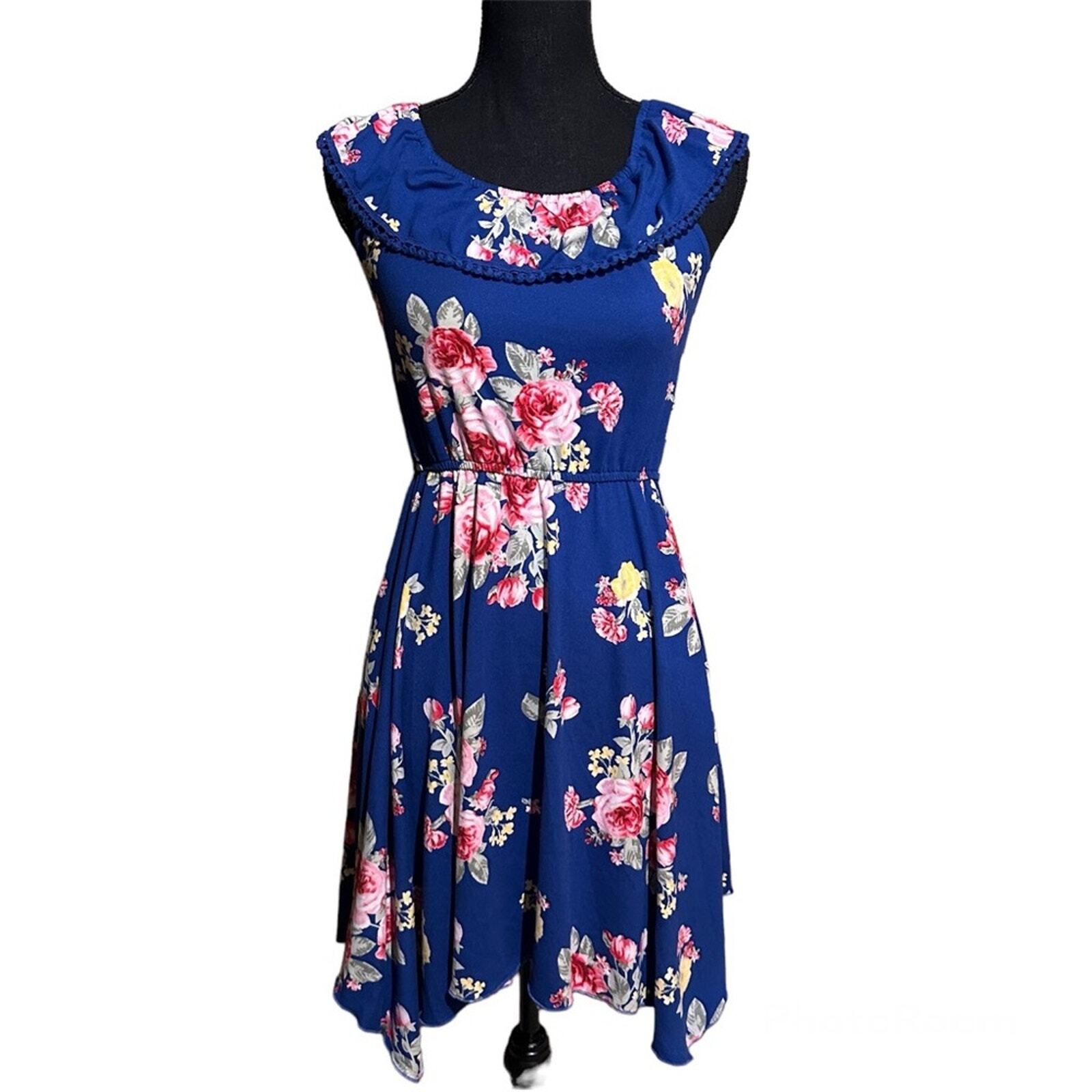 Zunie Blue Floral Jersey Knit Stretch Dress Women’s L Large
