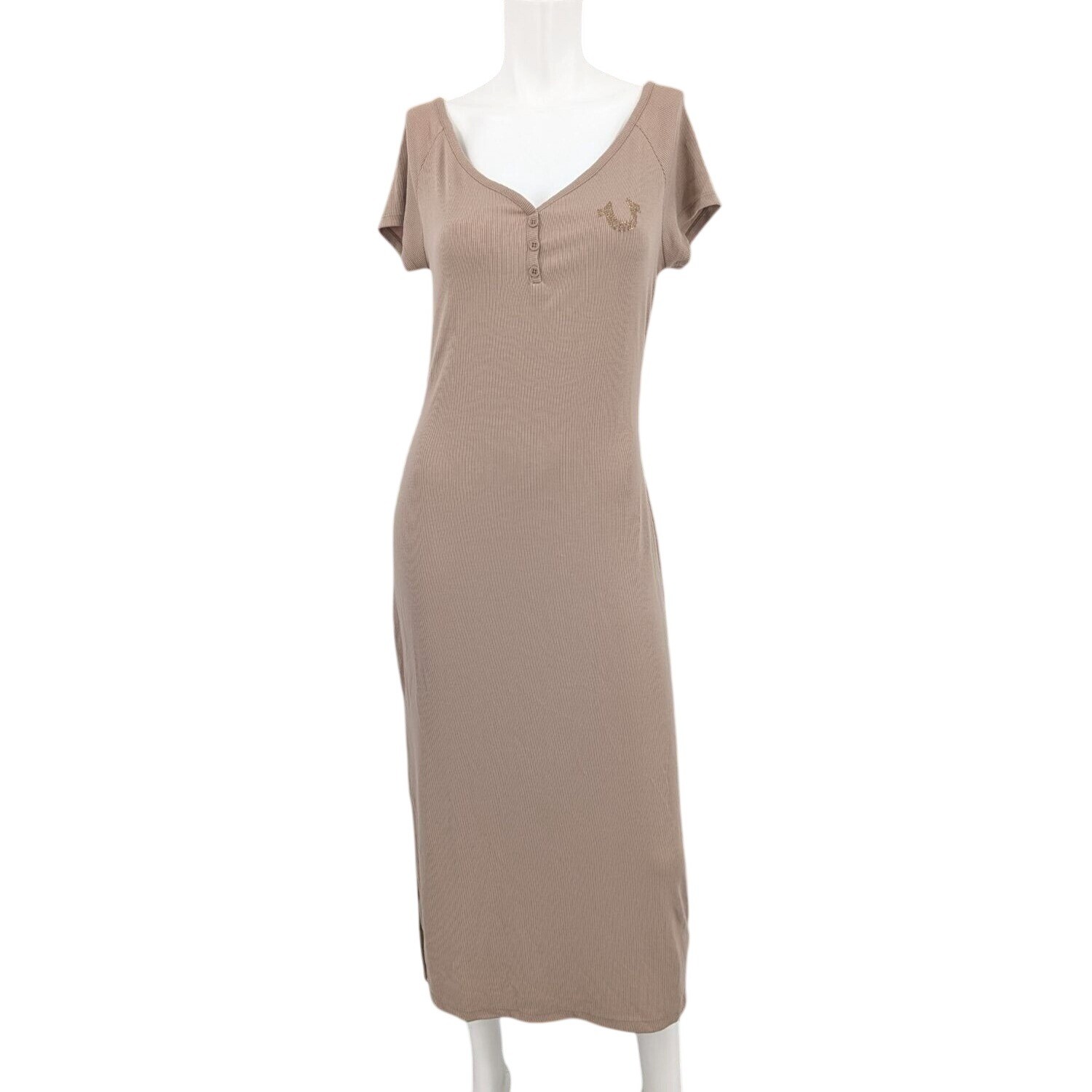 True Religion Ribbed Henley Midi Dress Stretch Rhinestone Logo Y2K Bodycon Large