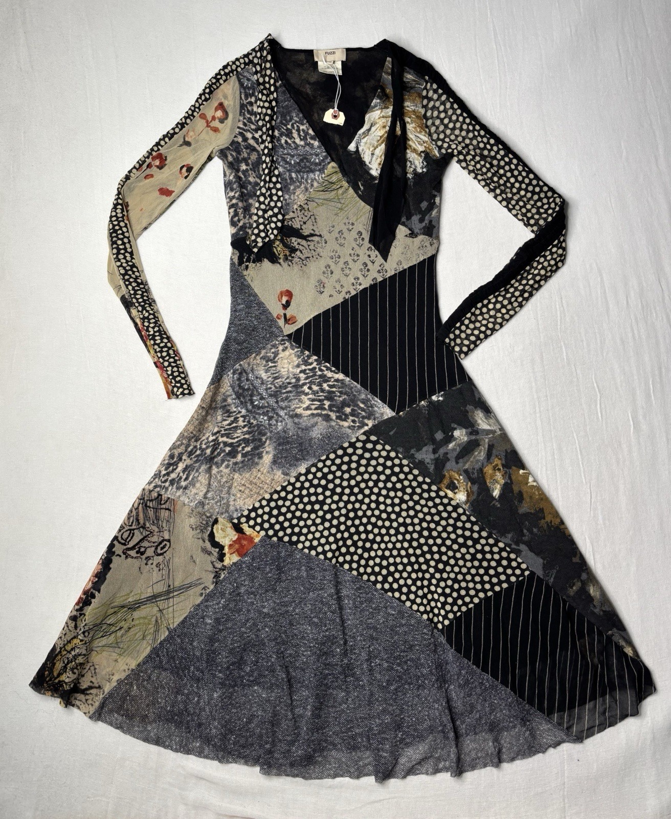 Fuzzi Mesh Patchwork Floral Wool V Neck Midi Dress Multicolor Size Medium