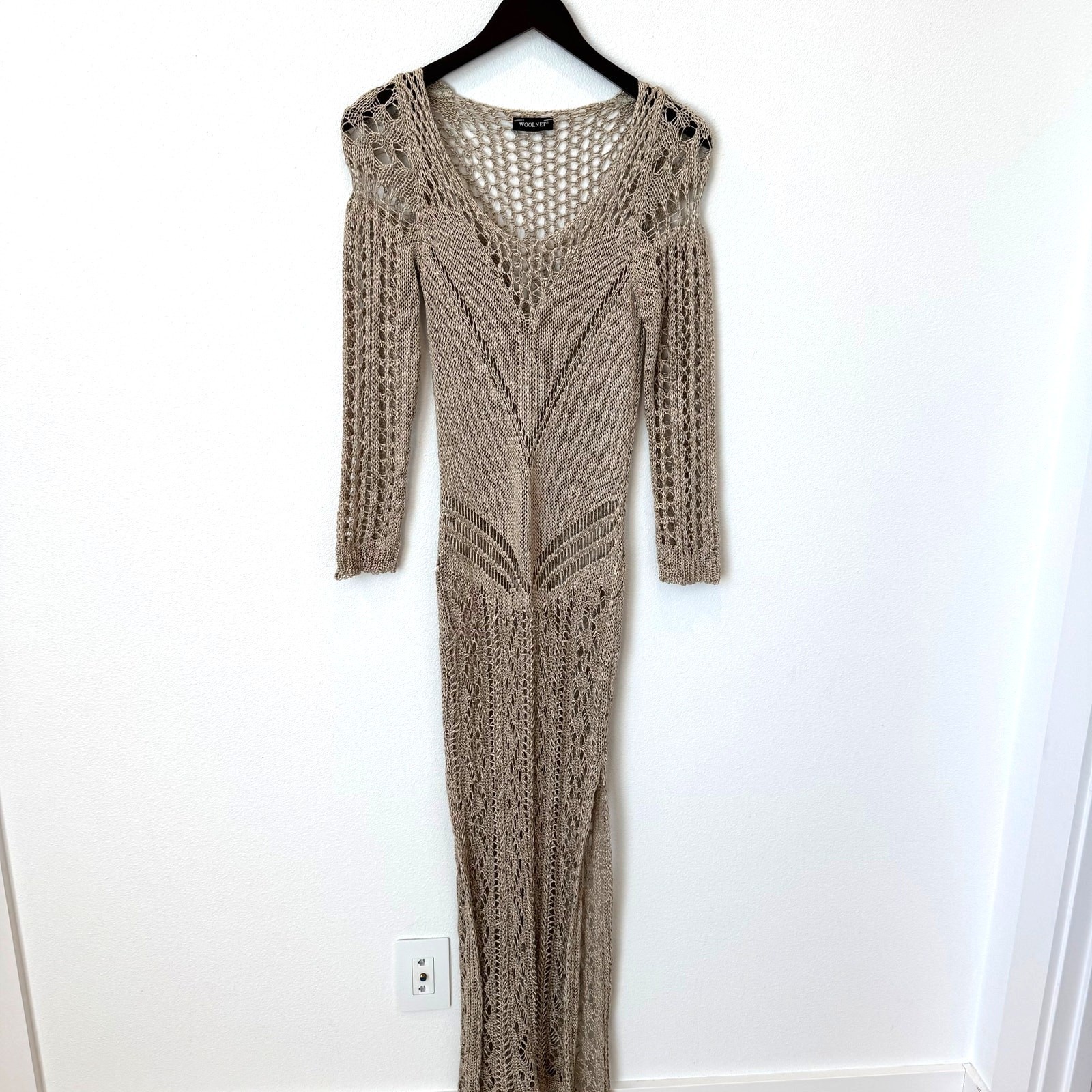 Woolnet Greece Metallic Bronze Gold Crochet Knit Maxi Dress Resortwear