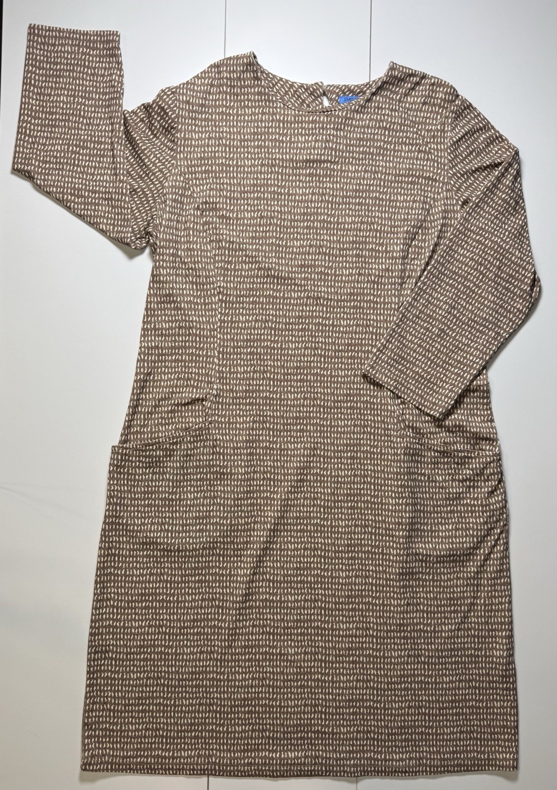 J.McLaughlin XL Brown Ivory Print Shift Dress Pockets Stretch Career Office Work