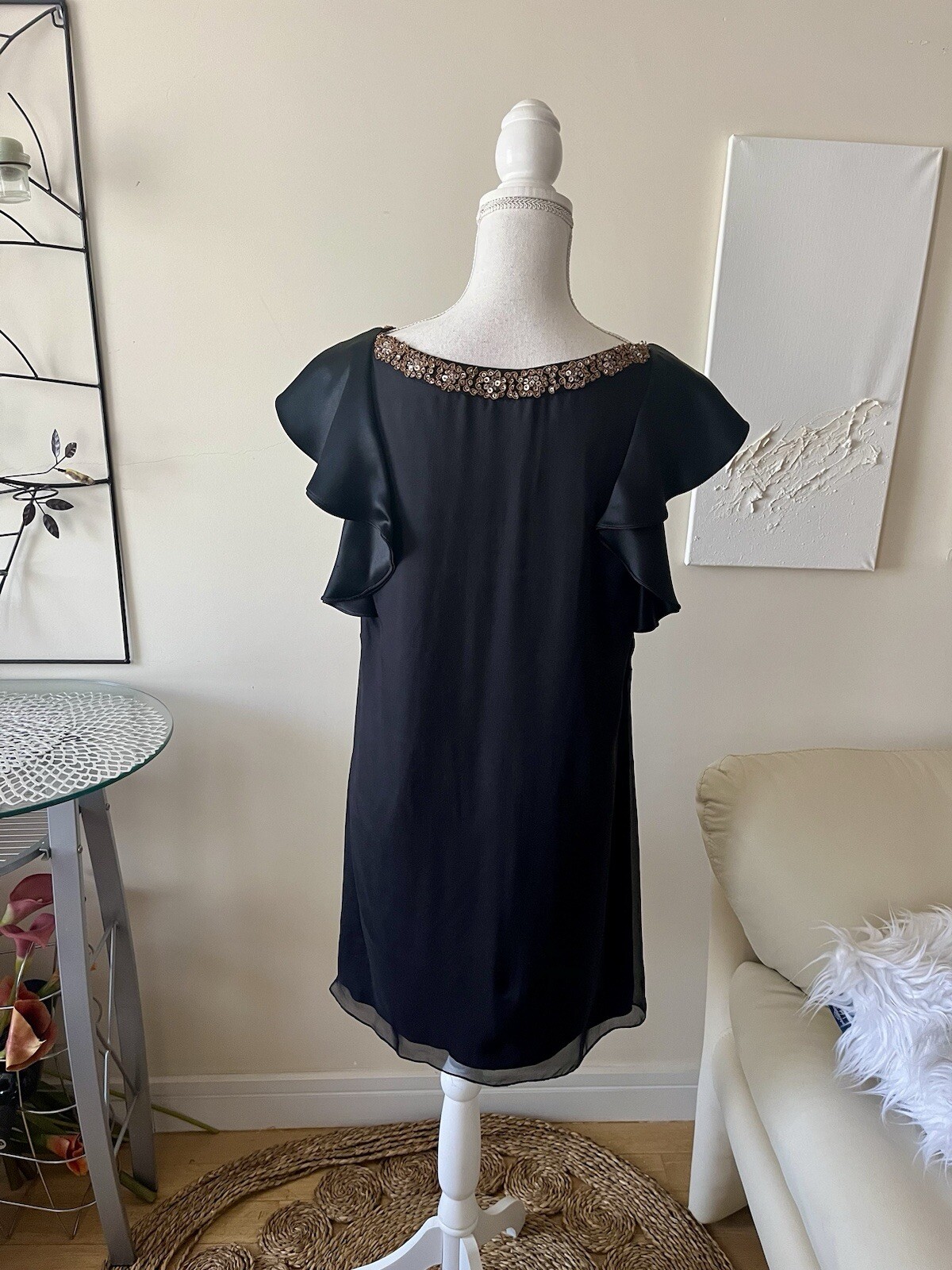 Alice + Olivia Vintage Black Silk Beaded Ruffle Mini Cocktail Dress sz Small EUC