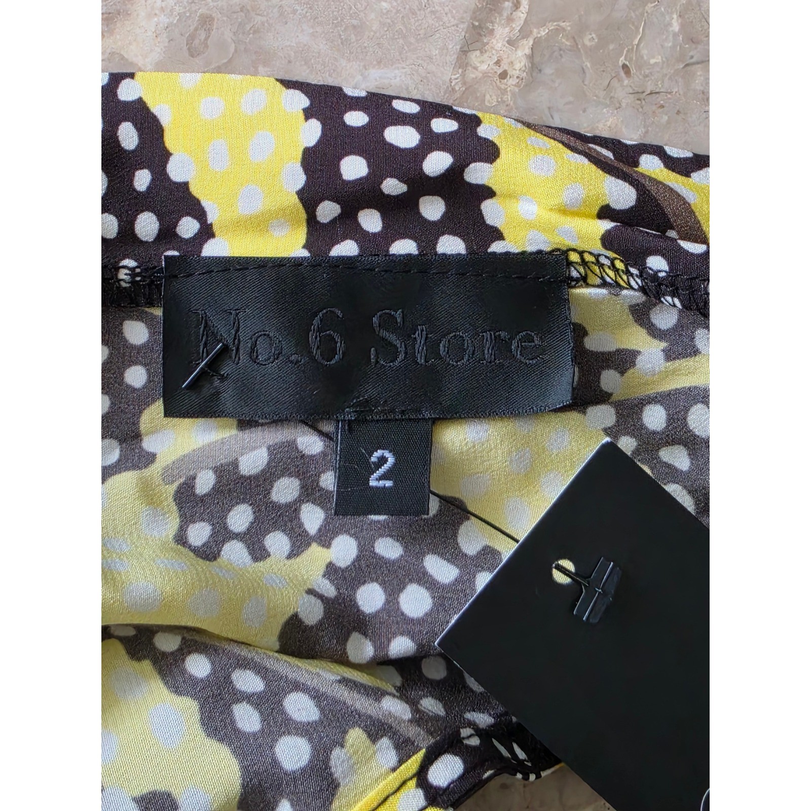 No.6 Store Button Back Dress Black Yellow Leaf Polka Dot Midi Pockets Size 2