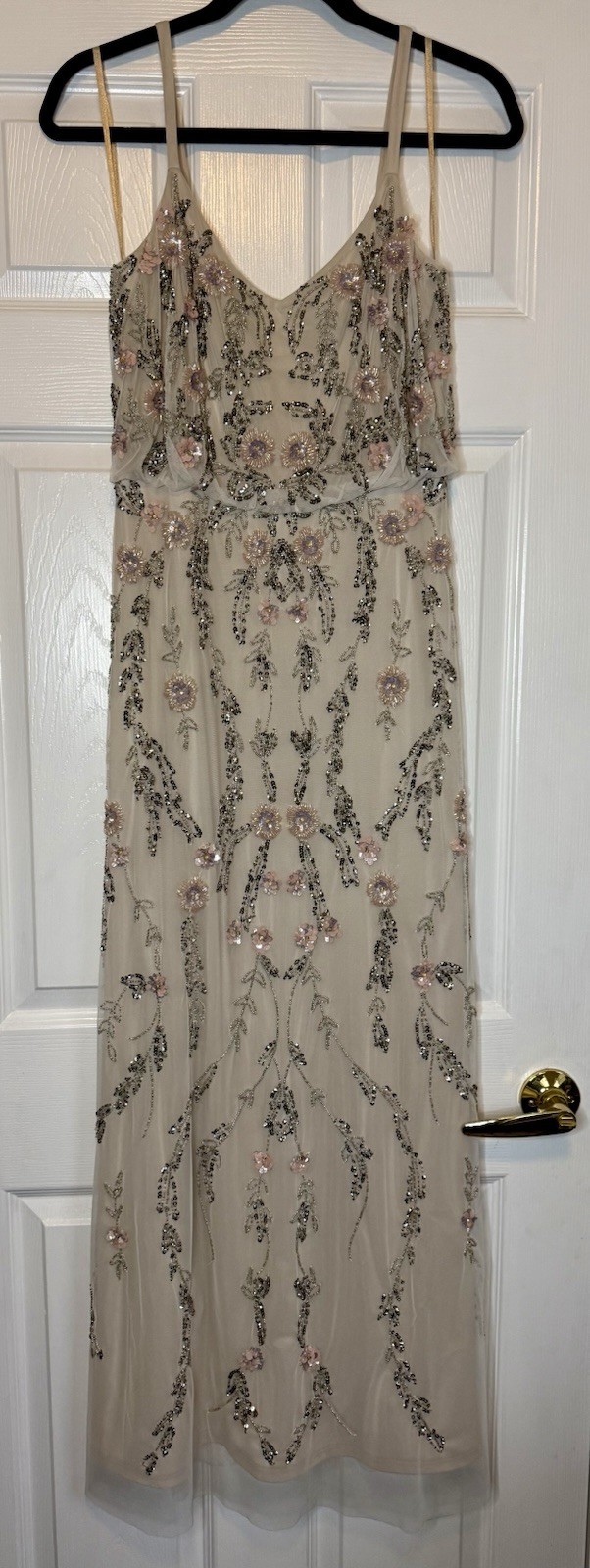 ADRIANNA PAPELL Ivory Pink Silver Embellished Beaded Floral Mesh Blouson Gown 6
