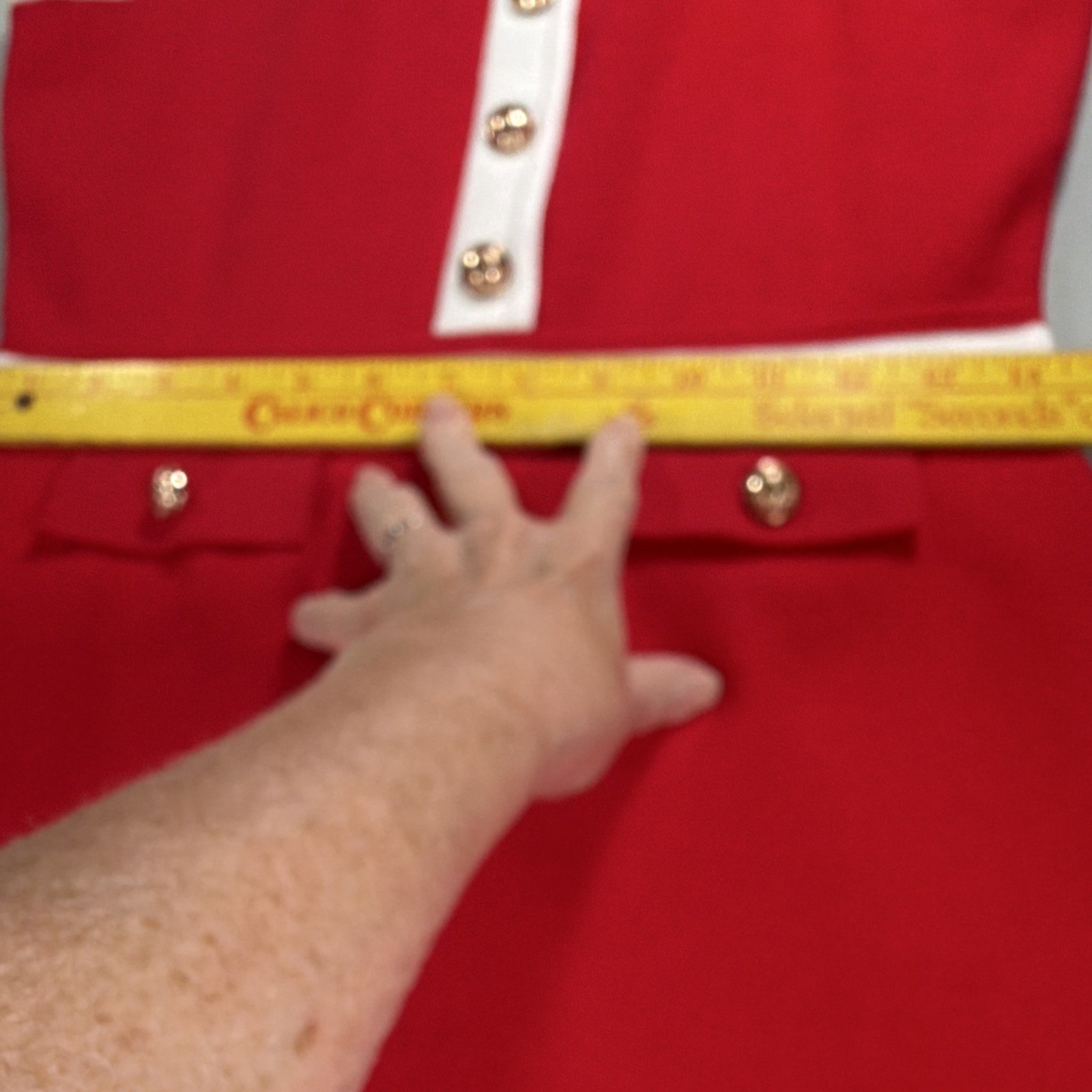 MEROKEETY Red/White Sleeveless Knit A-Line, gold buttons, 60’s mod inspired.