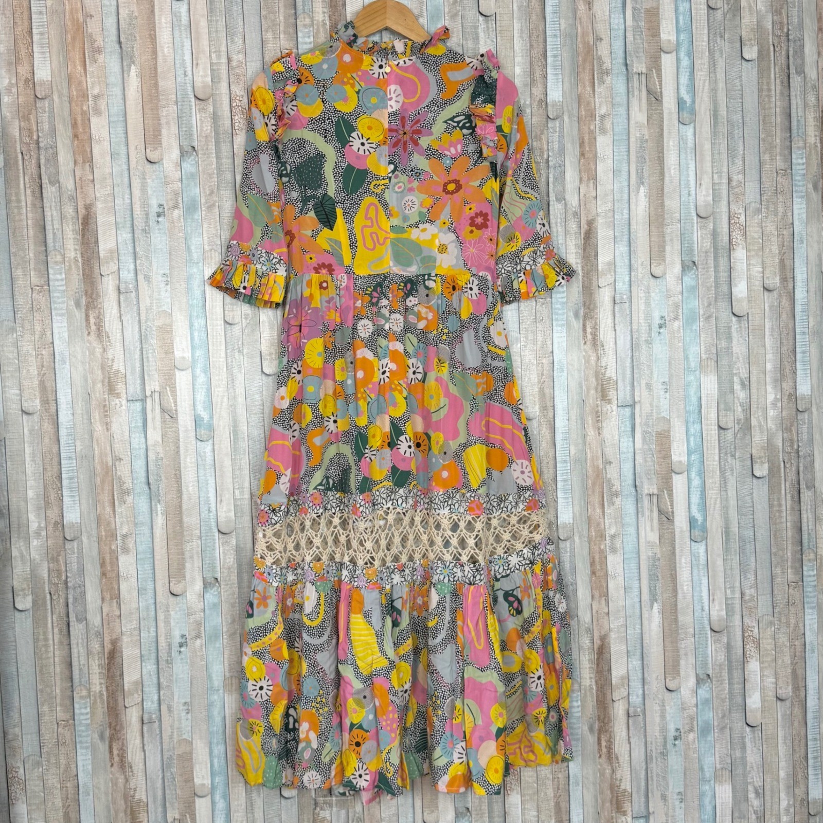 Celia B Sunny Dress Colorful Floral Crochet Lace High Ruffle Neck Tiered Midi M
