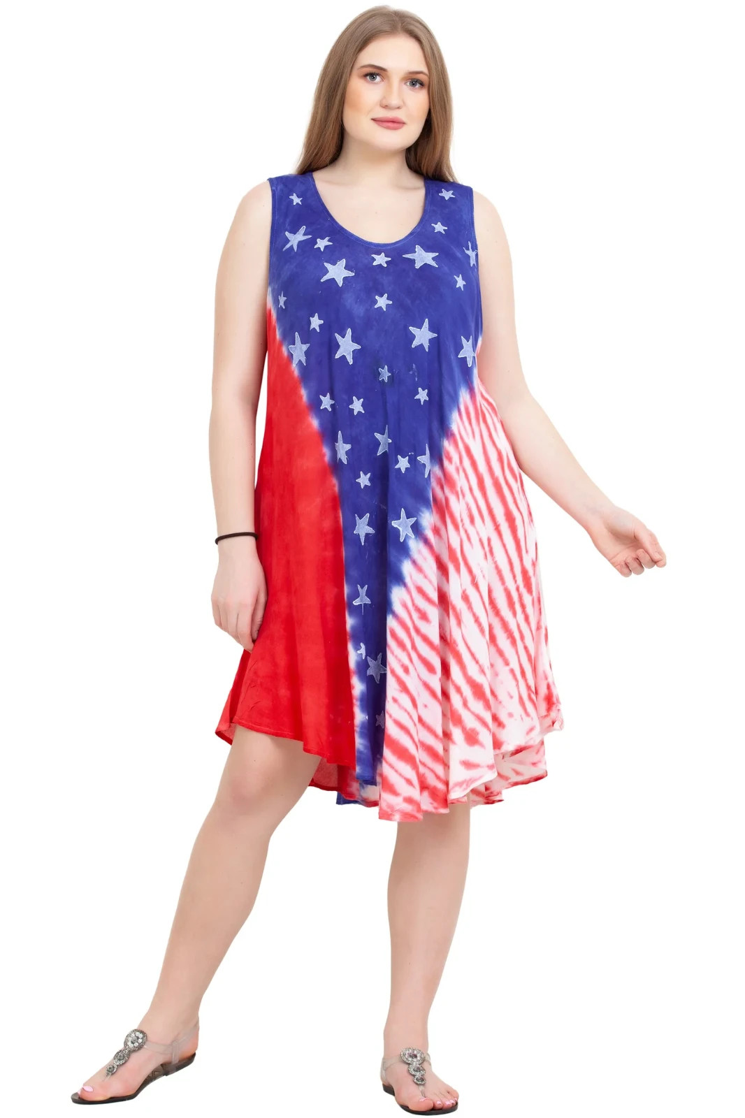 Red White Blue Umbrella Dress One Size Batik Midi Boho Hippie India Boutique NWT